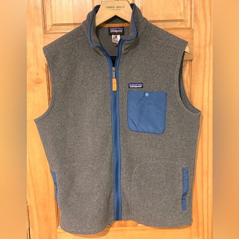 Patagonia Gray Fleece Vest with Blue Trim
